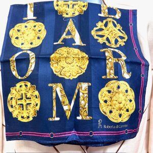 Unisex-Roberta Di Camerino mini scarf hadker cotton/sILK 23" Blue Gold  Logo (82